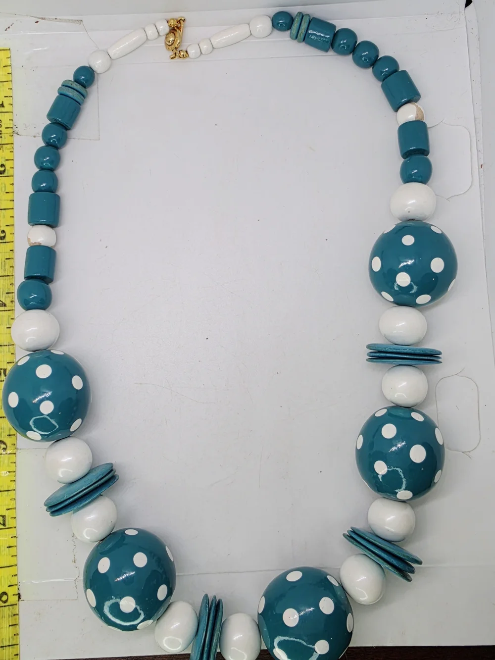 Vtg Aqua Blue White Polka Dot Wooden Bead Necklace Mod Retro Rockabilly Pat Pend